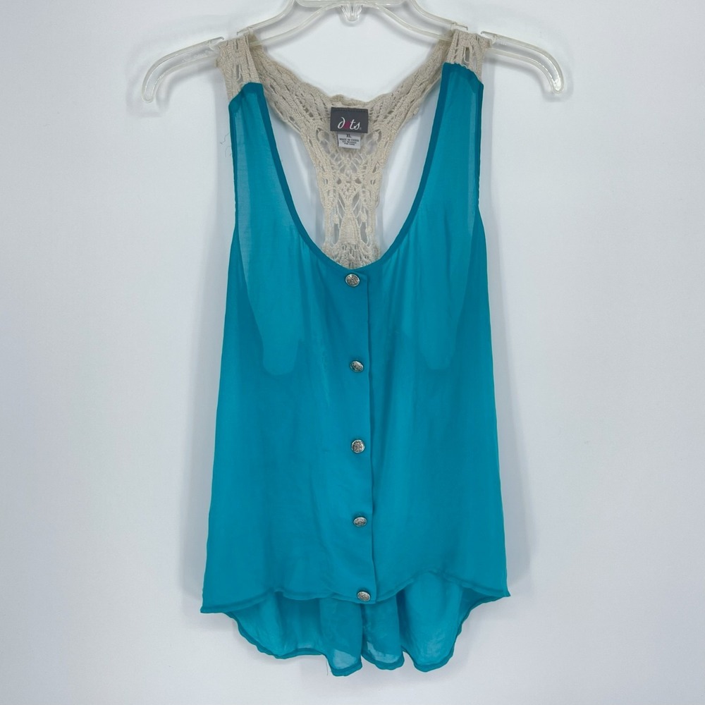 Dots Women's Blue Sheer Crochet Racerback Button Front Boho Tank Top Size XL - Picture 1 of 4